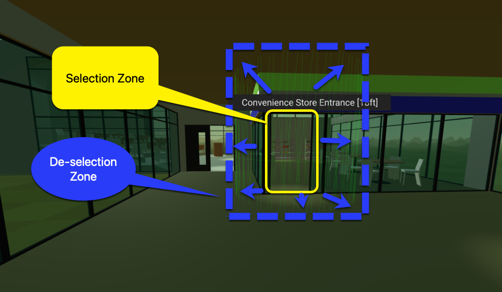 Same convenience store on the right. The entrance door is covered by a green bounding cylinder which is about twice as big as the door that prevents users from accidentally moving focus away quickly.