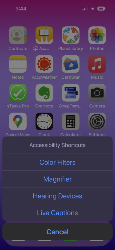 The Accessibility Shortcuts menu appears on the bottom of the screen