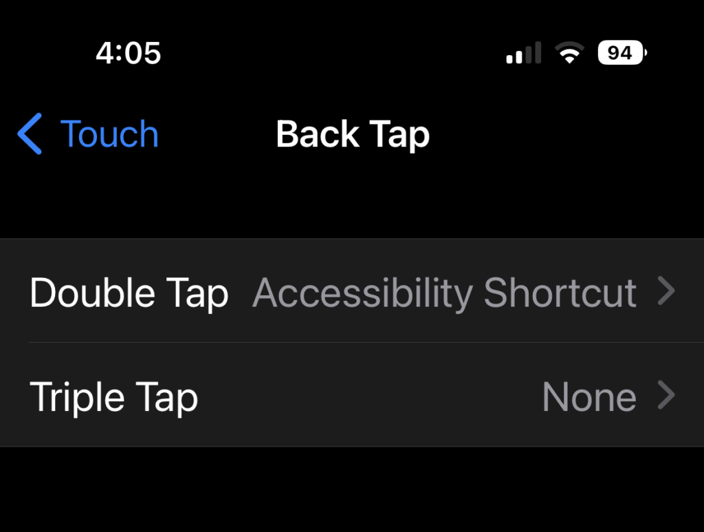 Screenshot of Back Tap screen to set Double Tap for Accessibility Shortcut and Triple Tap to none