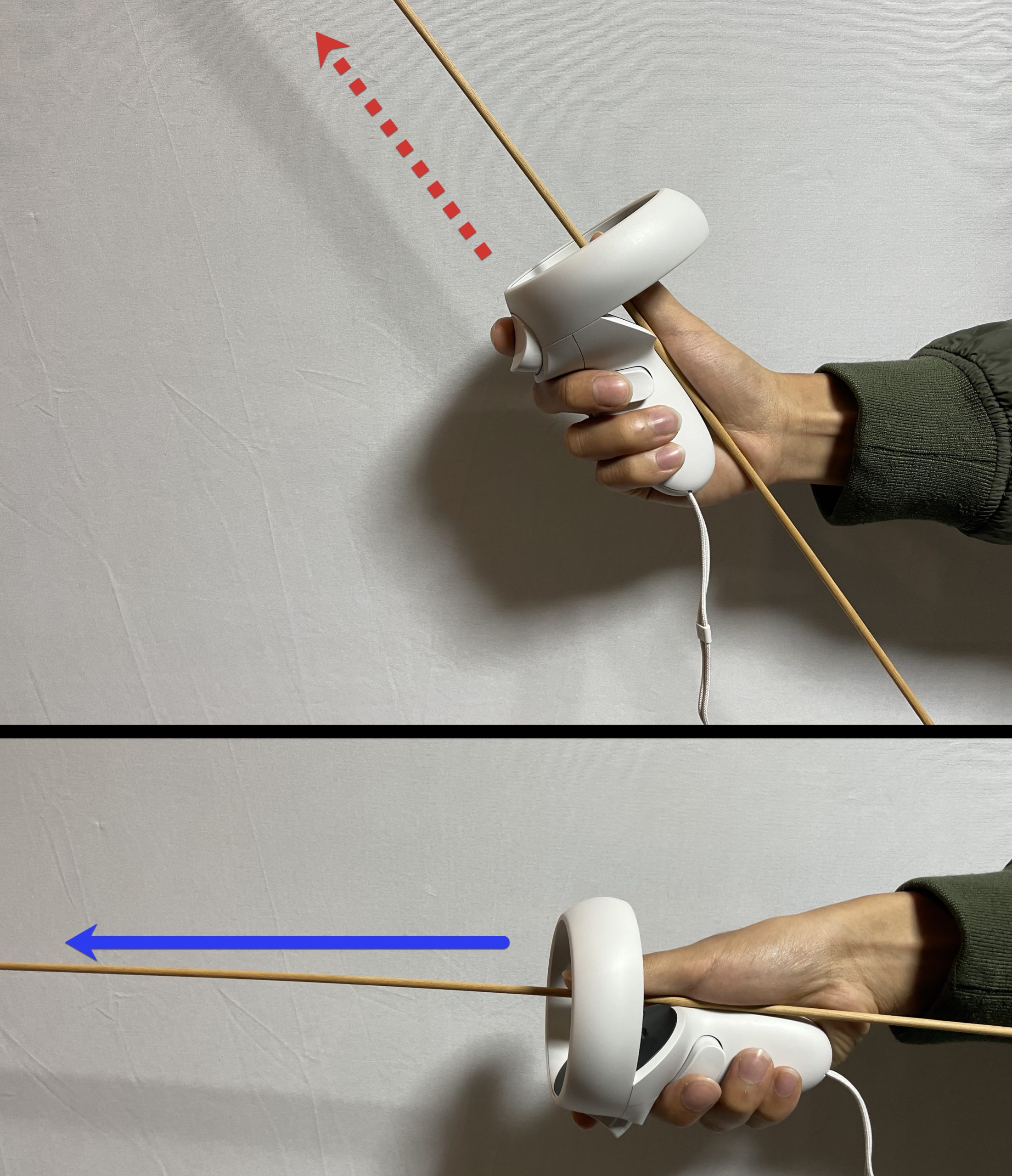 Hand holding a controller in a natural relaxed position. The raycaster of the controller is illustrated with a wooden stick. The stick is pointing upward.