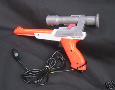 The original NES Zapper controller shaped like a space-aged gun.