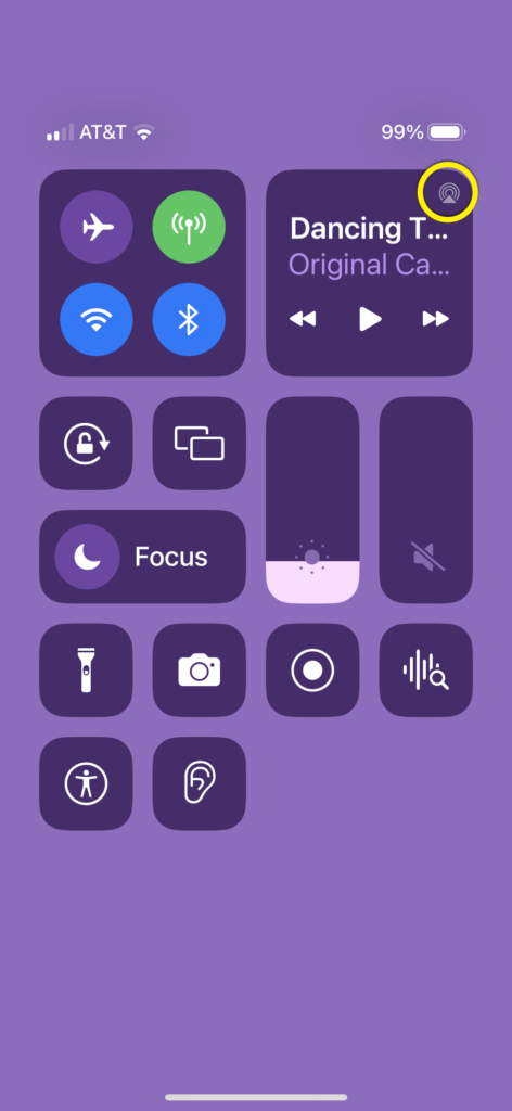 Screenshot of iOS pull-down menu showing the Playback Destination icon circled