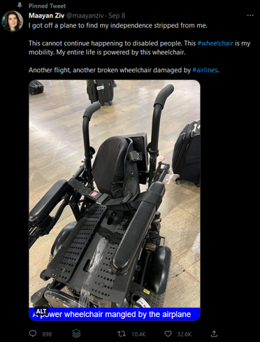 Mayaan Ziv's black wheelchair all mangled