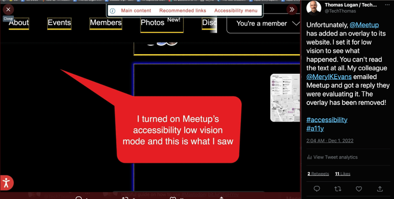 Screenshot of Meetup with low vision setting turned on in the overlay. The screen is black and the only text shown is the menu. All other text is missing