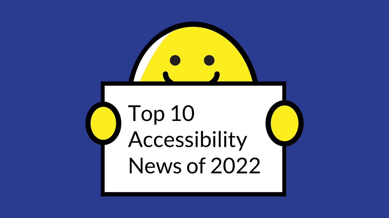 Knomo, a yellow mascot, holds a sign "Top 10 accessibility news of 2022"