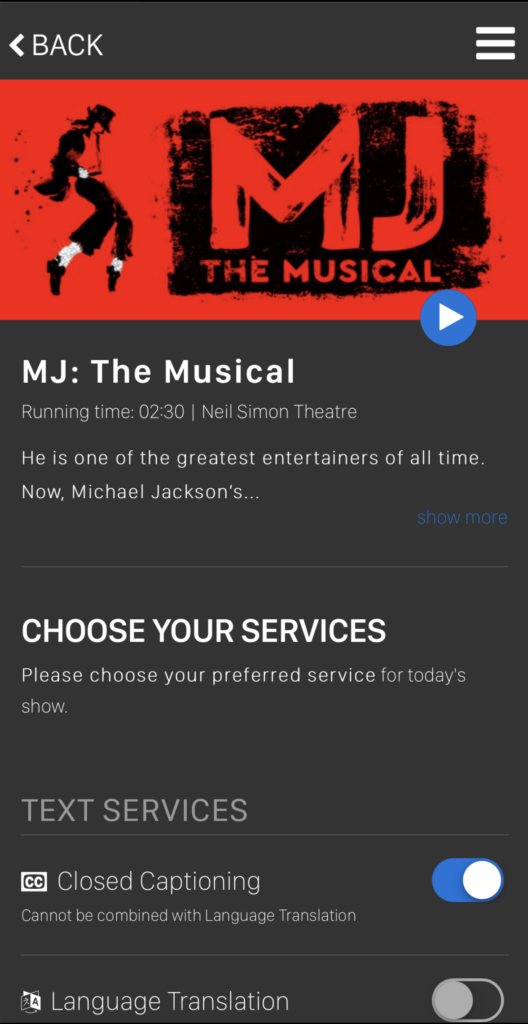 Screenshot of MJ: The Musical entry in GalaPro showing Closed Captioning selected.