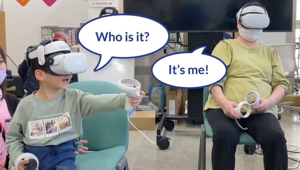 A child and a senior wearing a headset and holding controllers. the child asks, "Who is it?" The senior responds, "It's me."