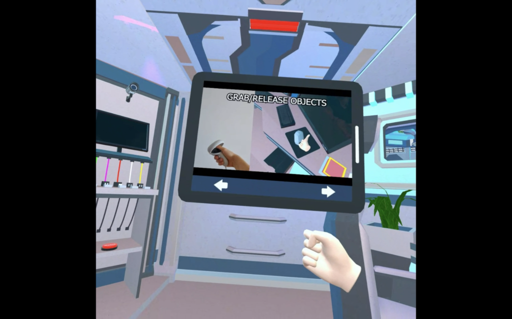 Screenshot from RocketMan with a floating virtual monitor with “Grab/Release Objects” at the top showing how to interact in virtual reality.