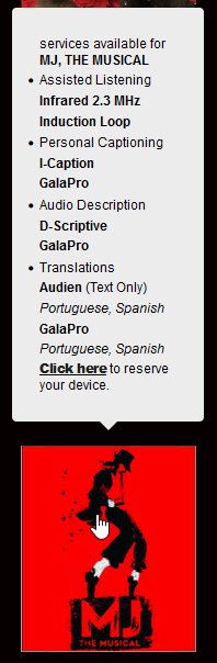 Screenshot of the GalaPro services available for MJ: The Musical including assisted listening, personal captioning, audio description, and translations in Portuguese and Spanish.