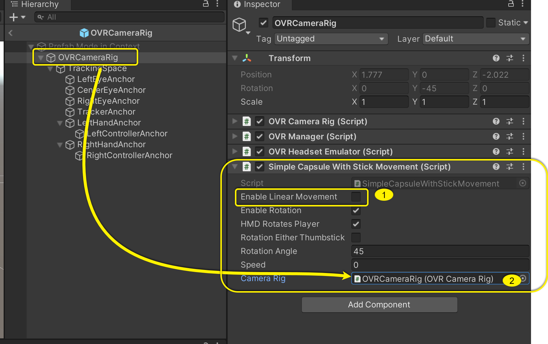 Screenshot of Unity Editor showing the first step is to check Enable Linear Movement checkbox. Second is the arrow pointing from OVRCameraRig in Hierachy to Camera Rig field under Simple Capsule with Stick Movement in Inspector.