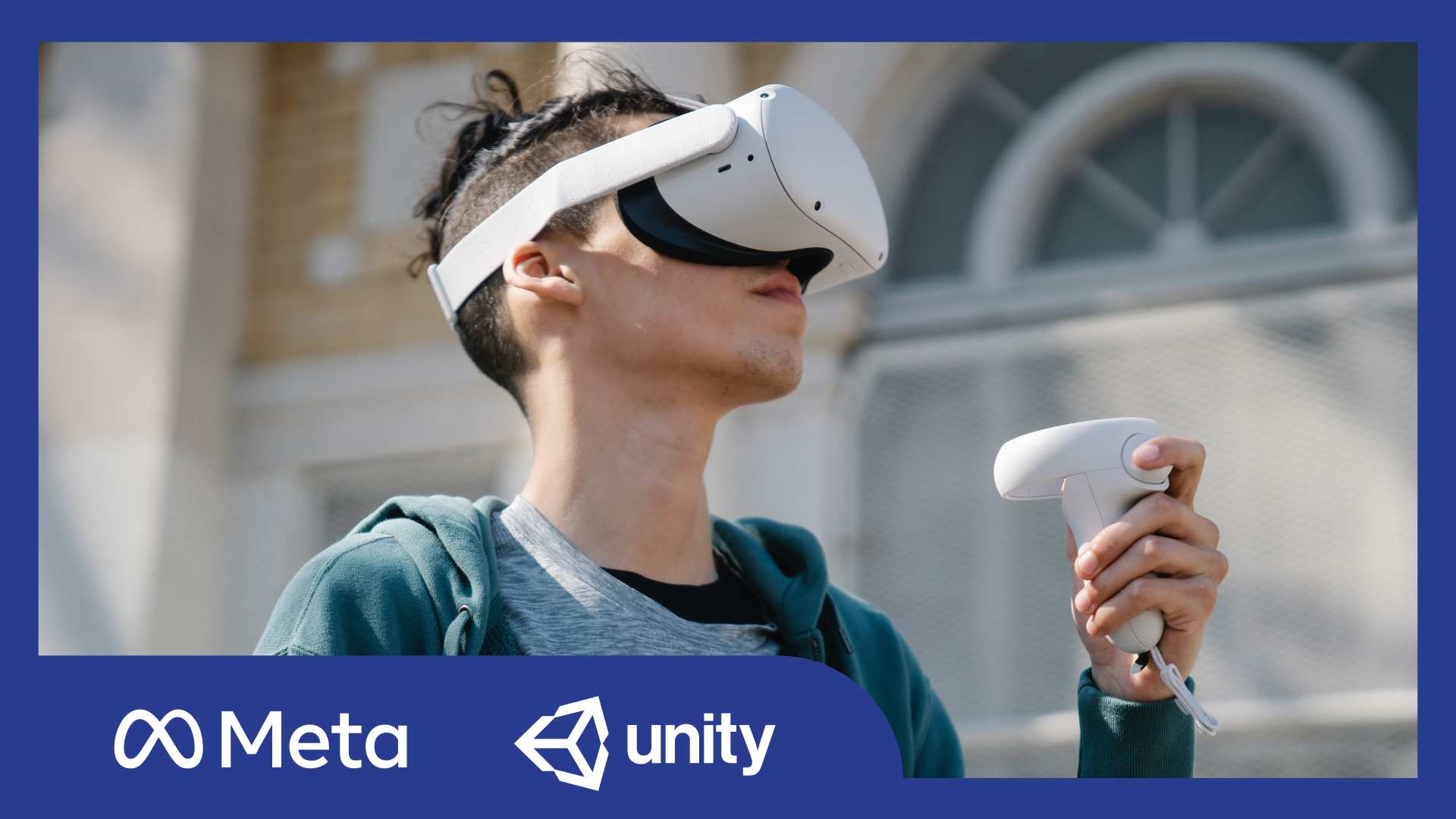 A person wearing a VR headset looks up and holds a controller. Meta and Unity logos.