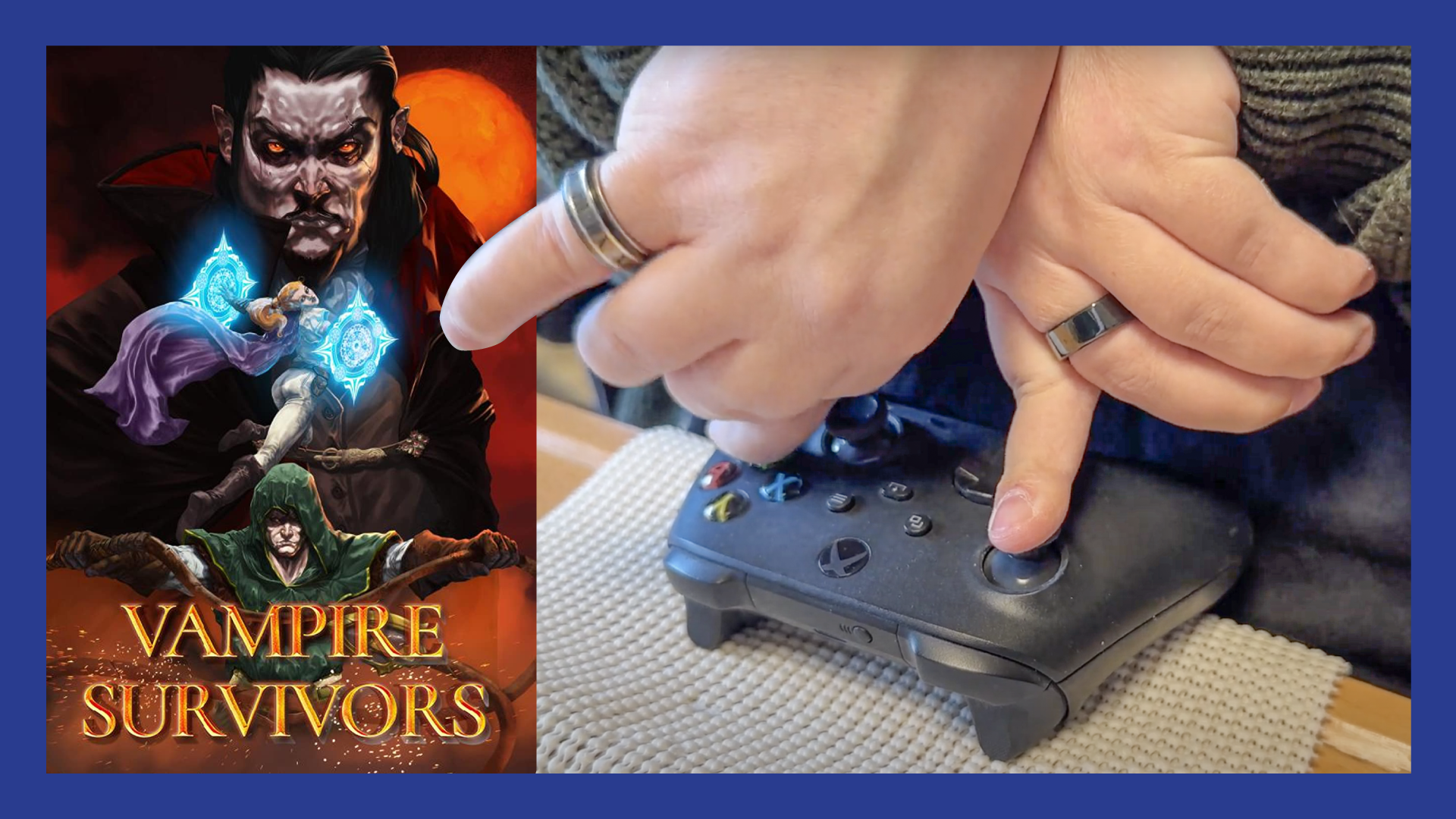 Vampire Survivor cover next to a closeup of two hands working the game controller