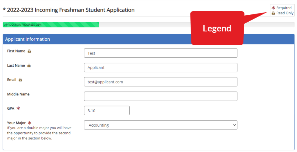 Screenshot of form that shows a box with "legend" pointing to the legend with a red asterisk followed by "required" and a gold lock followed by "Read Only." The lock next to last name indicates "This is a read only field." 
