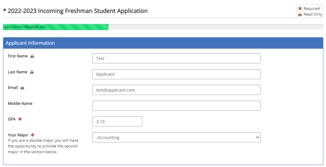 Screenshot of form that shows the legend with a red asterisk followed by "required" and a gold lock followed by "Read Only." The lock next to last name indicates "This is a read only field."