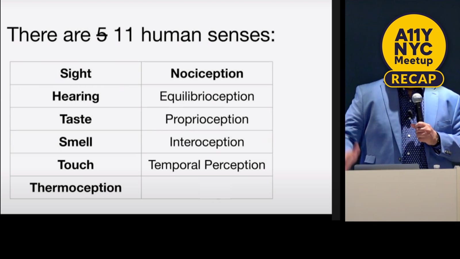 Screenshot of Joe Devon with slide about the 11 human senses: Sight, Hearing, Taste, Smell, Thermoception, Nociception, Equilibrioception, Proprioception, Interoception, Temporal Perception
