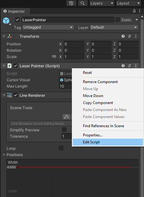 Inspector box where Edit Script is selected in pop-up box