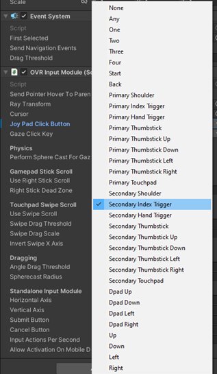 "Joy Pad Click Button" is highlighted and "Secondary Index Trigger" is selected.