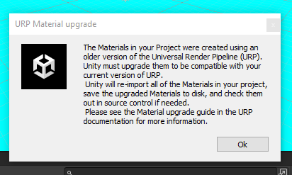 Pop up dialog asking to upgrade to the current version of URP