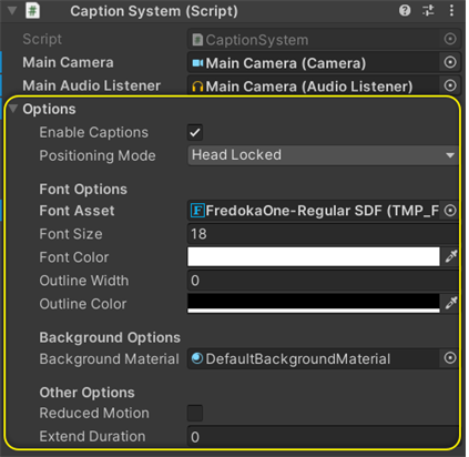Unity's inspector panel for the CaptionSystem script, showing the common options that are available for all positioning modes within the caption system.