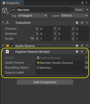 Unity's Inspector window, with the Narrator GameObject selected. It has 3 components attached to it: a Transform component, an AudioSource component, and a CaptionSource script.