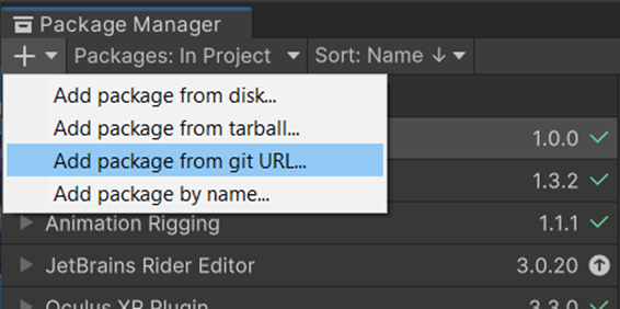 Unity's package manager window with the "add" drop-down menu open. "Add package from git URL..." is selected.