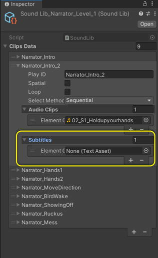 Unity's inspector window with the Sound Lib_Narrator_Level_1 asset selected. In this, one of the narrator dialog items is selected in the Clips Data field. This shows a new list called "Subtitles" in addition to the existing "Audio Clips" list.