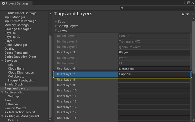 Unity's Project Settings window with the "Tags and Layers" tab category selected. Here, a new user layer is added called "Captions" as User Layer 7.