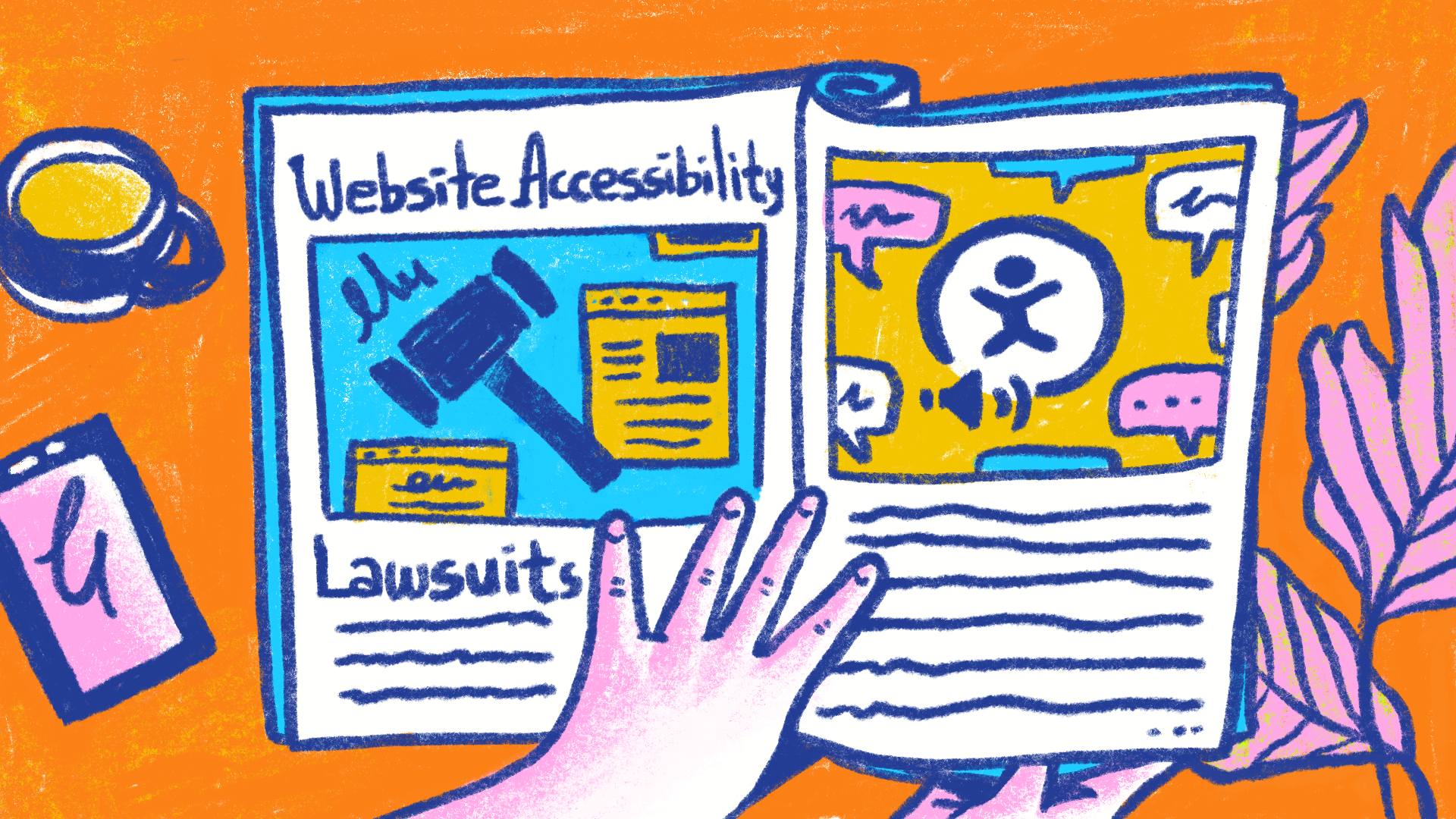 Illustration of magazine with a person's hand holding it open to an article on website accessibility lawsuits