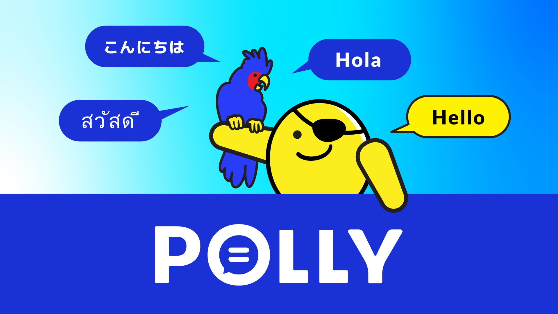 Knomo is yellow and wears a pirate patch over one eye holds a Parrot. Knomo says "Hello" and the parent says it in Korean, Japanese, and Spanish. Polly logo with = in the O