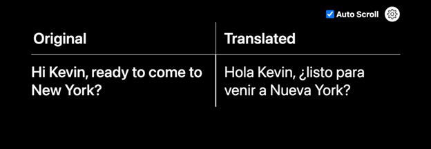 Captions showing original spoken text in English on the left and the Spanish translation on the right