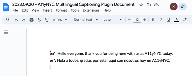 Google Doc showing the first line is marked up as English and the second line is marked up as Spanish.