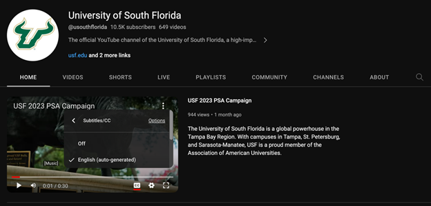 University of South Florida YouTube page using auto-generated captions for its first video