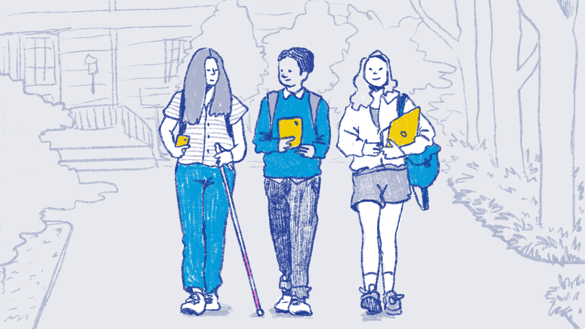 Illustration with three college students walking outdoors. They're carrying backpacks and holding a device. The student on the left also uses a white cane.