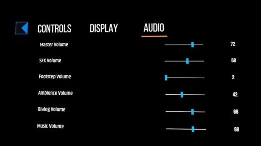 Audio options and their volume settings for master, SFX, footstep, ambiance, dialog, music.