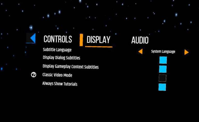 Display options for subtitle language, display dialog subtitles, display gameplay context subtitles, classic video mode, and always show controls. All are on except classic video mode