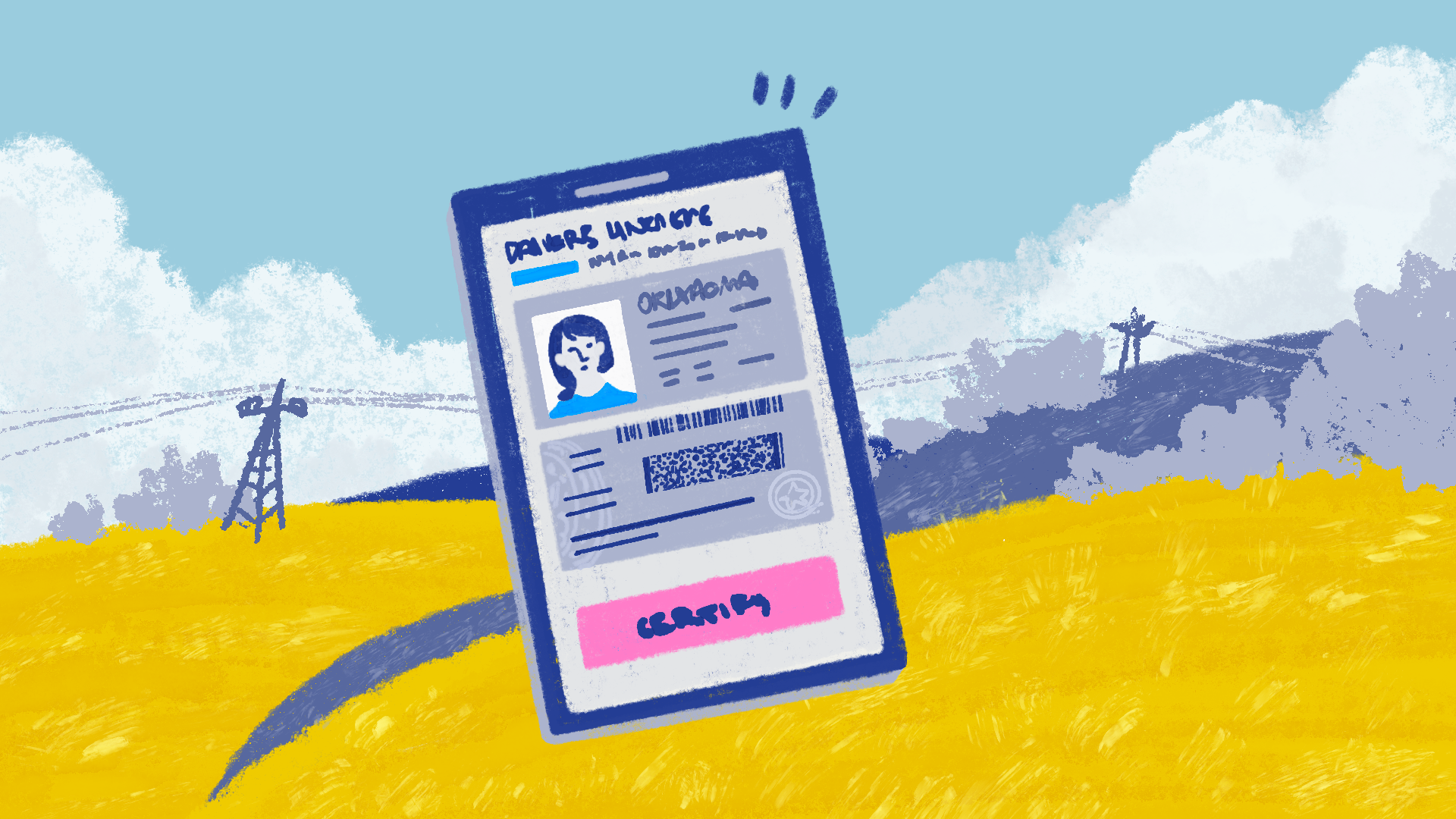 Illustration of Oklahoma plains and hills in the distance with a device containing a person's ID information