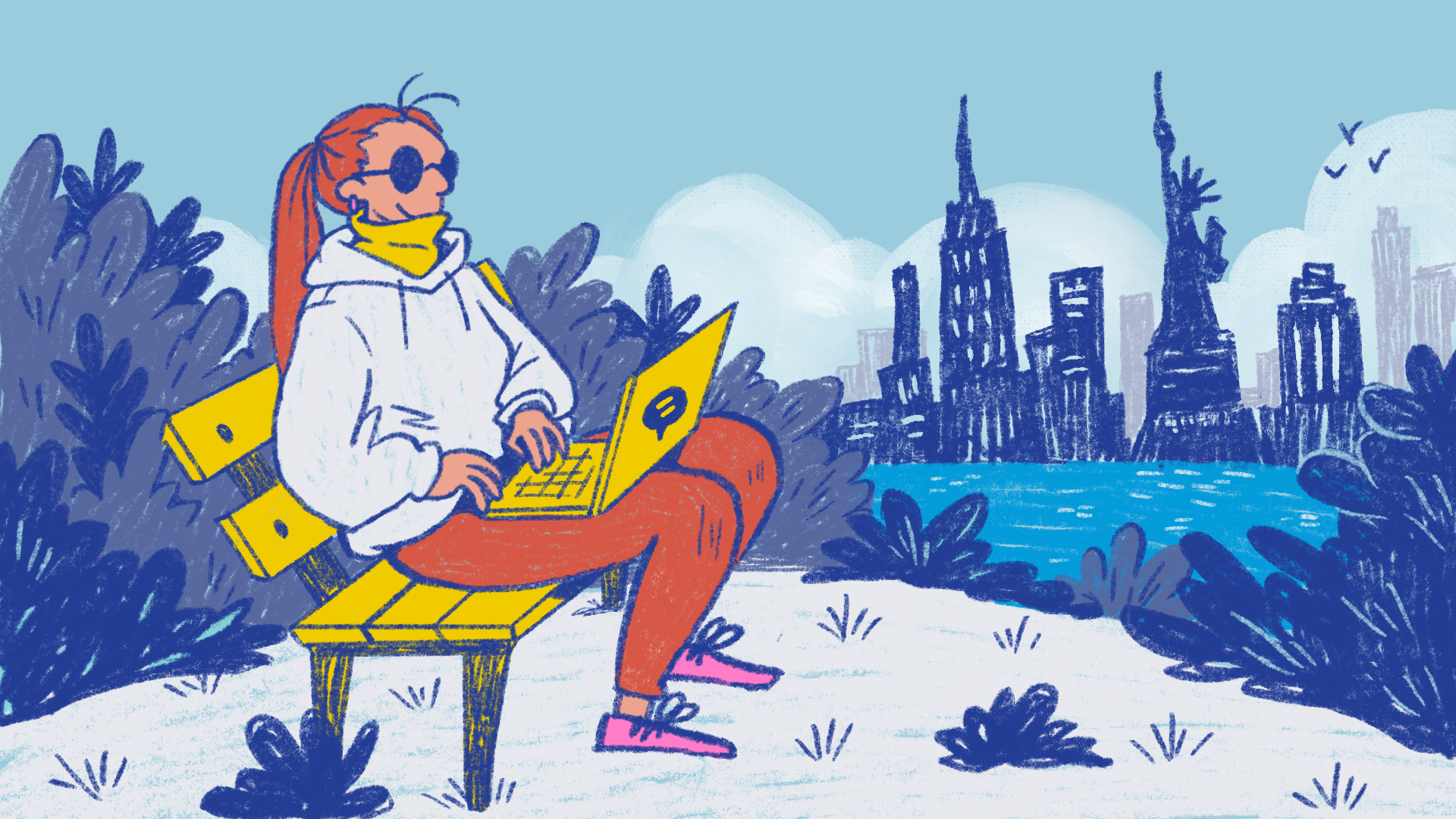Illustration of person sitting on a park bench wearing sunglasses and working on a laptop. The river and New York Skyline appear in the distance.