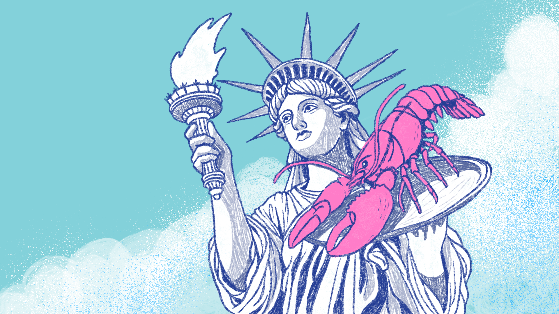 Illustration of Statue of Liberty holding the torch with one hand and a platter with a lobster in the other hand