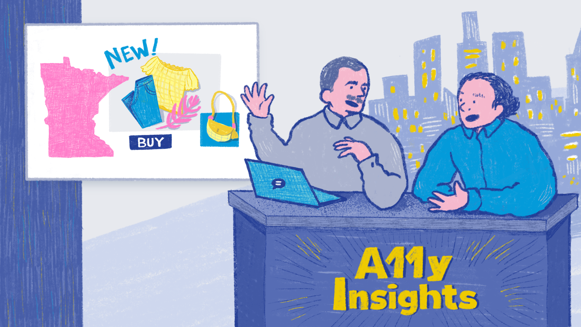Illustration of Thomas and Ken at a desk with A11y Insights. Thomas has a laptop in front of him. A city skyline is in the distance behind them. The news window shows the state of Minnesota and new clothes with a buy button