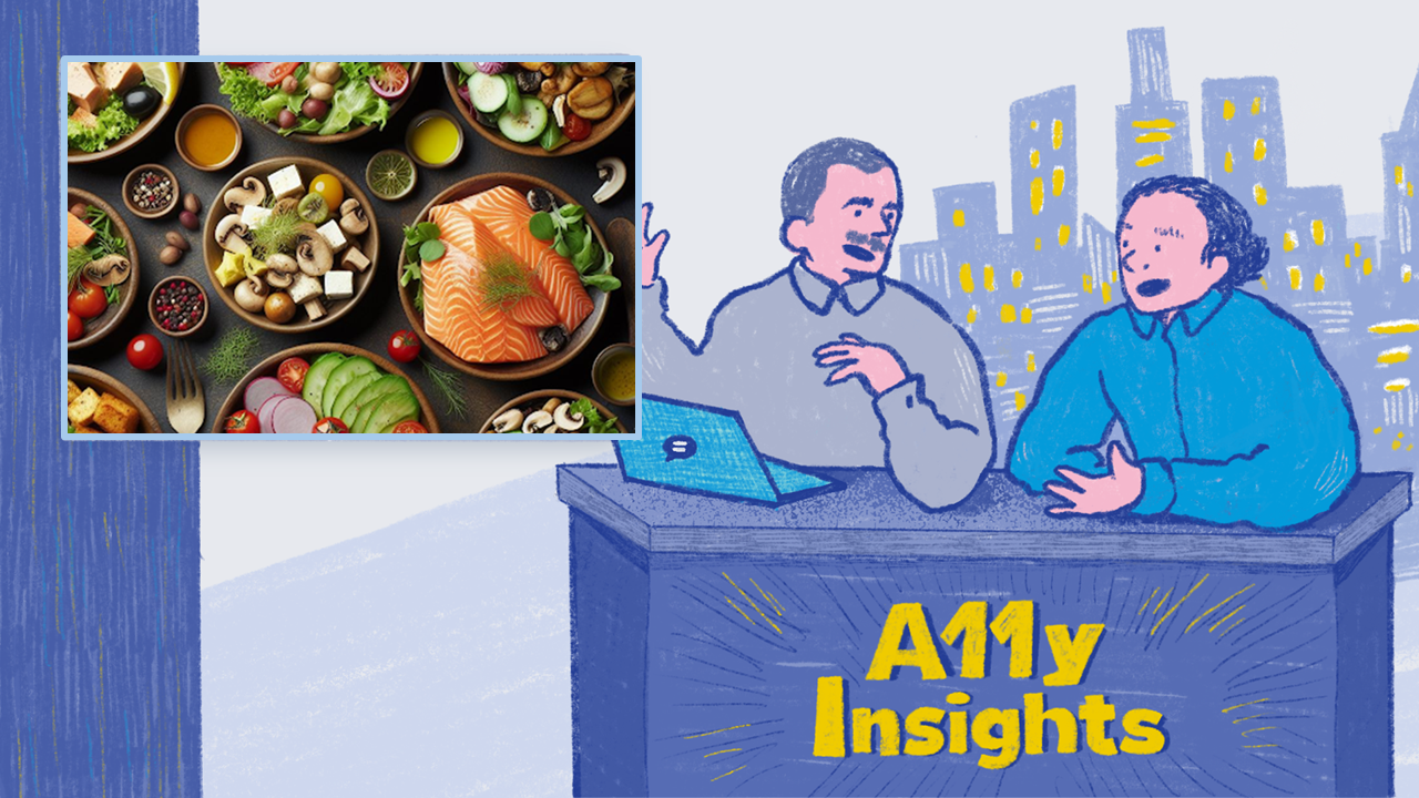 Illustration of Thomas and Ken at a desk with A11y Insights. Thomas has a laptop in front of him. A city skyline is in the distance behind them. The news window shows all kinds of salads.