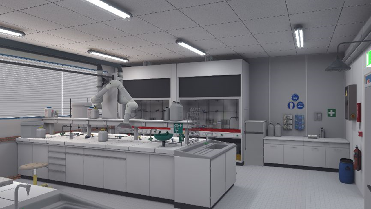 Virtual lab filled with cabinets and chemistry equipment