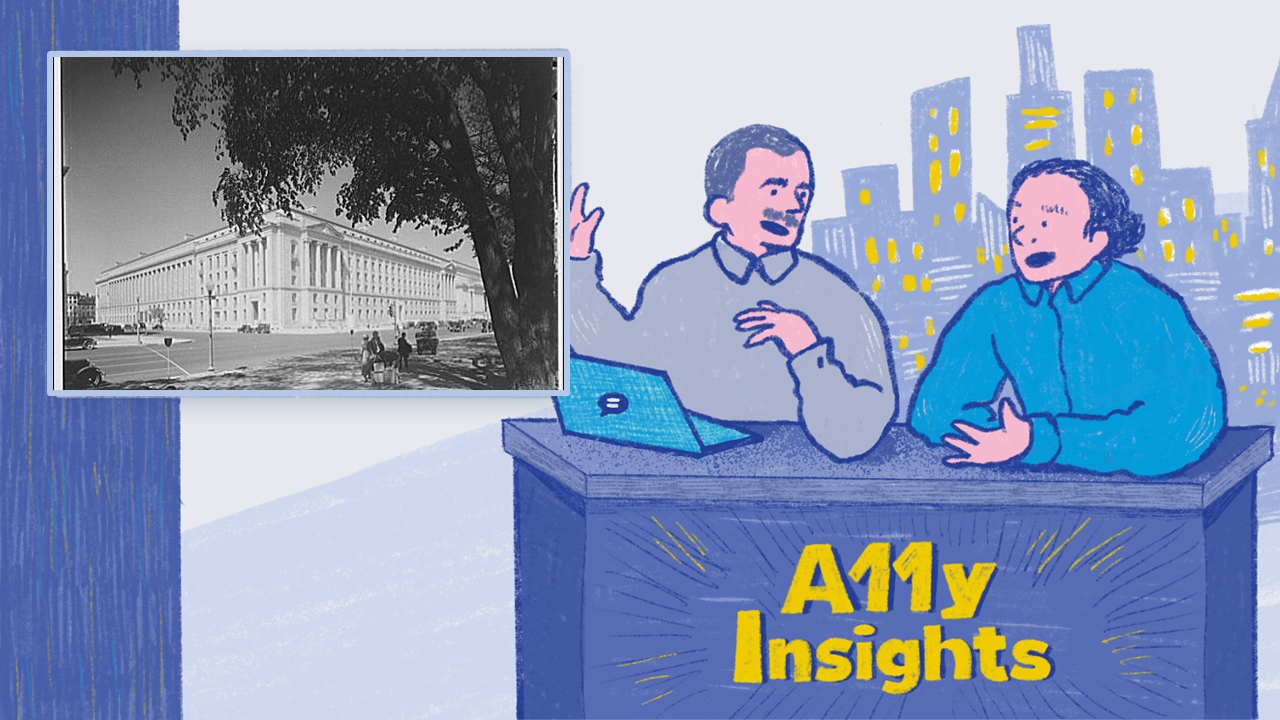 Illustration of Thomas and Ken at a desk with A11y Insights. Thomas has a laptop in front of him. A city skyline is in the distance behind them. The news window shows a black and white version of the US Department of Justice building.