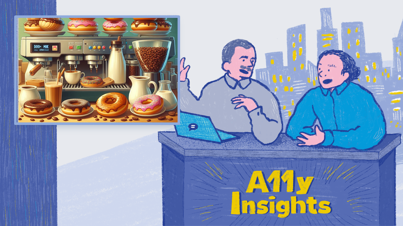 Illustration of Thomas and Ken at a desk with A11y Insights. Thomas has a laptop in front of him. A city skyline is in the distance behind them. The news window shows a big coffeemaker with coffee, milk, and donuts all around it