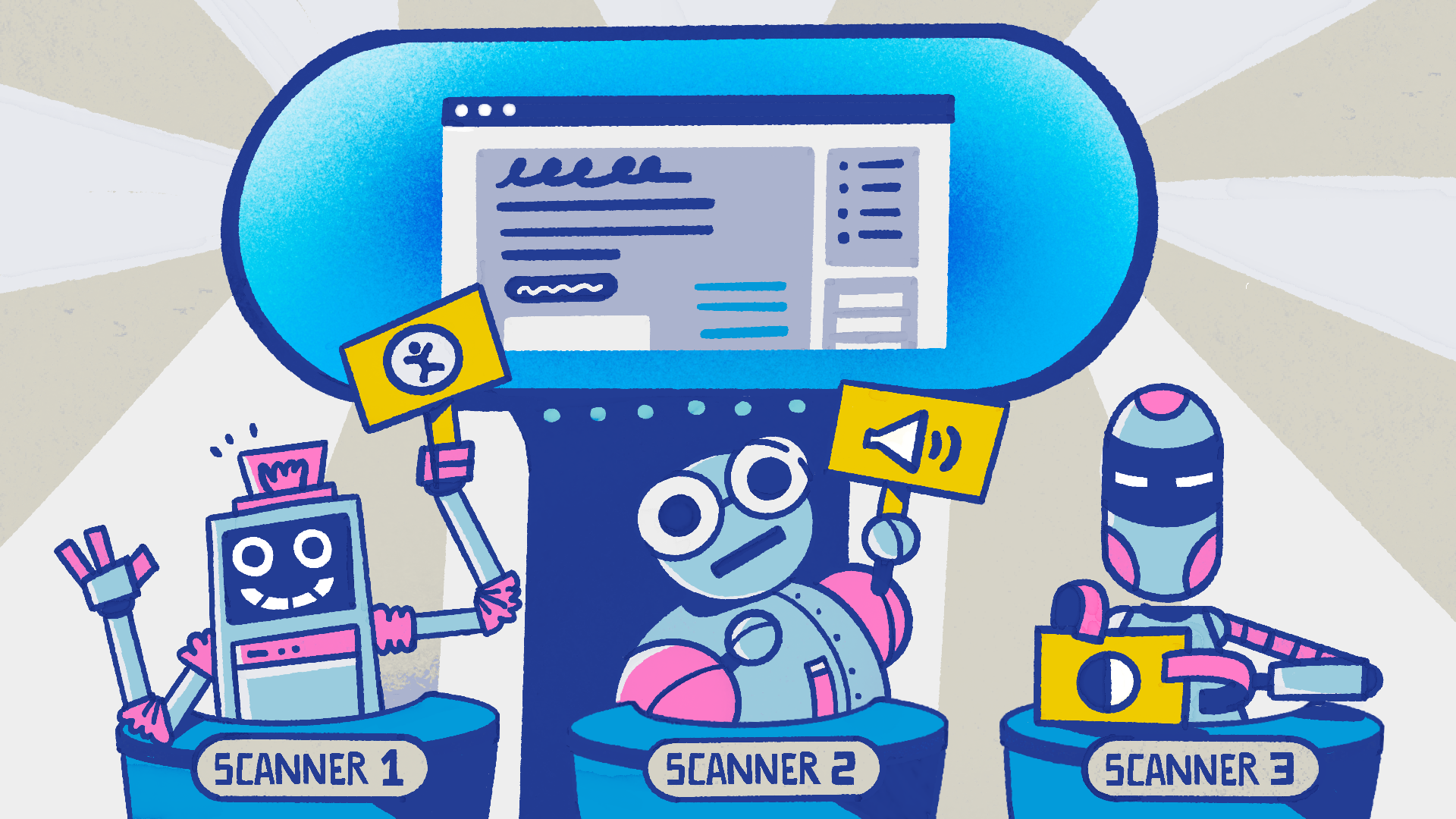 Illustration of three whimsical robots who are quiz TV show contestants and in front of a large monitor showing a website. Each is labeled Scanner 1, Scanner 2, and Scanner 3 and holds a sign with a symbol of accessibility, sound, and color contrast.