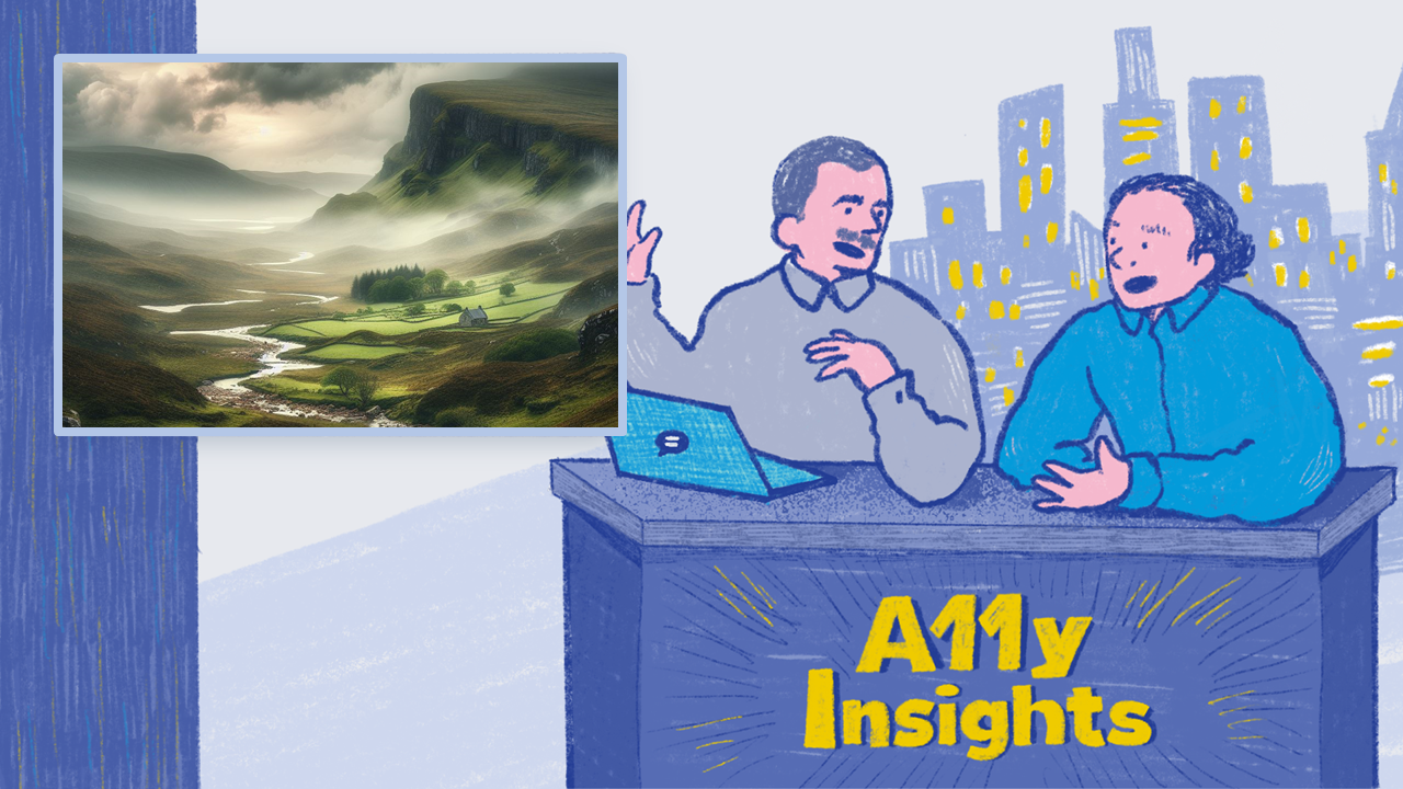 Illustration of Thomas and Ken at a desk with A11y Insights. Thomas has a laptop in front of him. A city skyline is in the distance behind them. The news window shows a foggy scene with green hills and a narrow winding water pathway