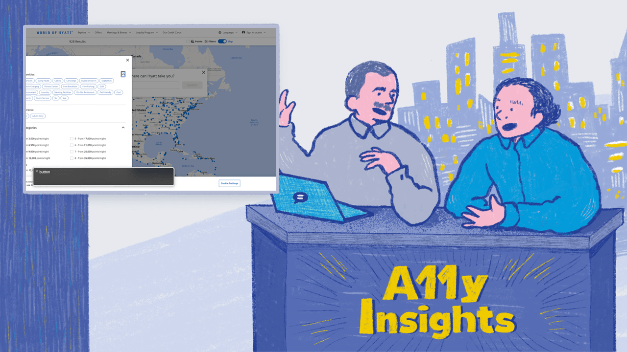 Illustration of Thomas and Ken at a desk with A11y Insights. Thomas has a laptop in front of him. A city skyline is in the distance behind them. The news window shows a screenshot from the Hyatt map that doesn't work with screen readers