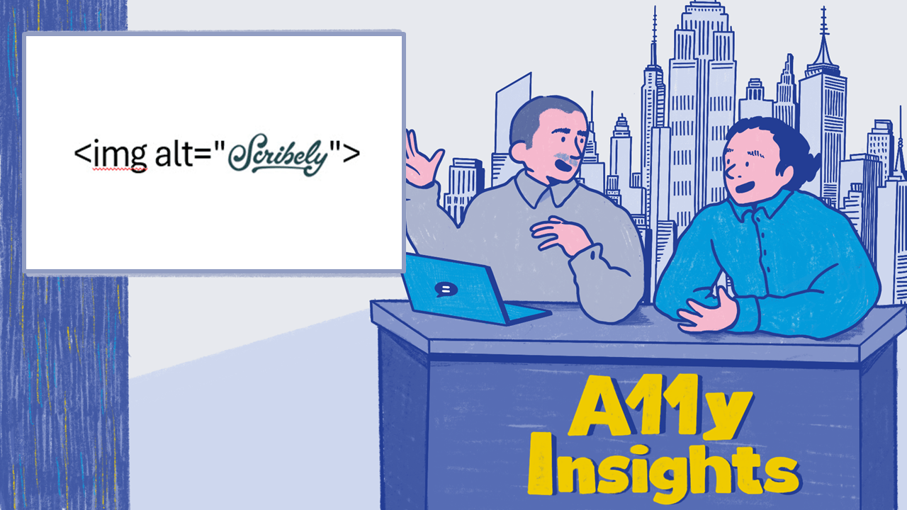 Illustration of Thomas and Ken at a desk with A11y Insights. Thomas has a laptop in front of him. A city skyline is in the distance behind them. The news window shows img alt code with the Scribely logo.