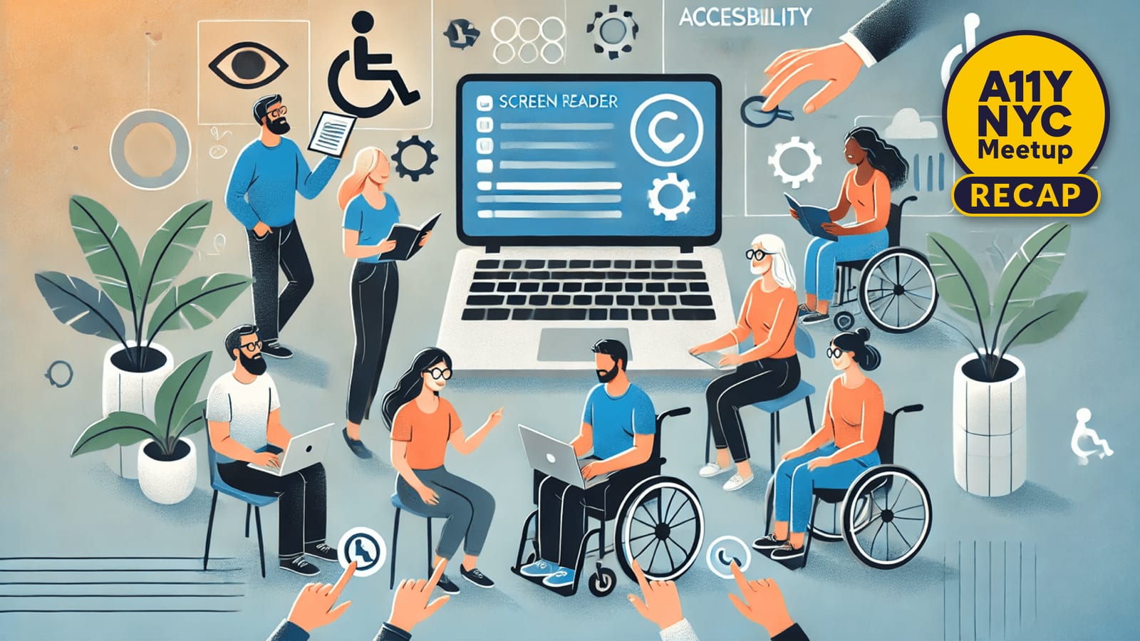 Group of diverse individuals, some using wheelchairs, interacting with technology in an inclusive setting. Accessibility icons appear in the background.