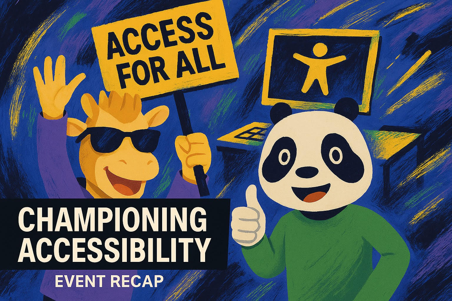 Cartoon of a cow in sunglasses holding a “Access For All” sign and waving, next to a smiling panda giving a thumbs up. A computer with an accessibility symbol is in the background. Text reads: “Championing Accessibility. Event Recap.”