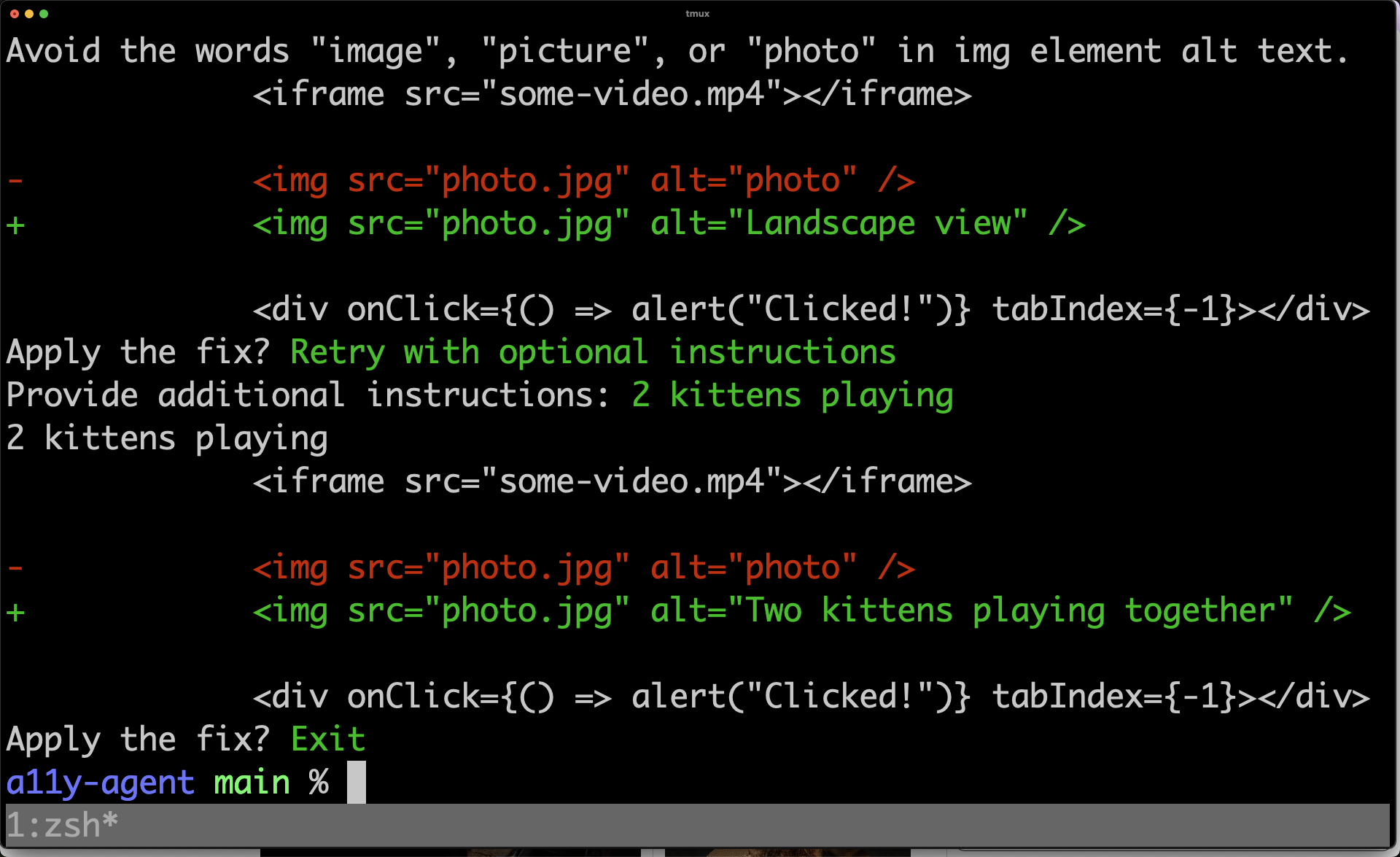 Screenshot of a11y agent command-line code in action.